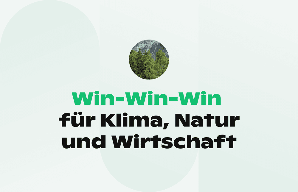 Ein Bild eines Waldes und ein Text "Win win win für Klima, Natur und Wirtschaft"