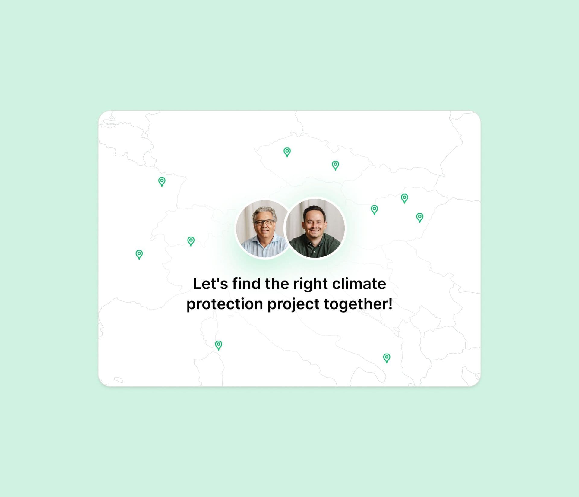 A picture with climate protection experts, location pins and a map in the background