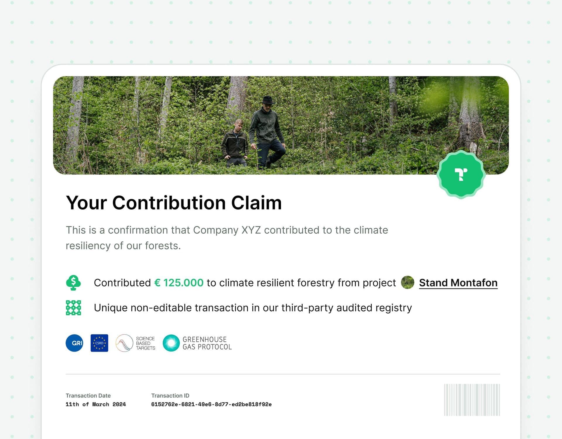 An example contribution claim certificate