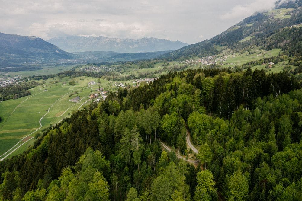 Drone shot with forest and landscape