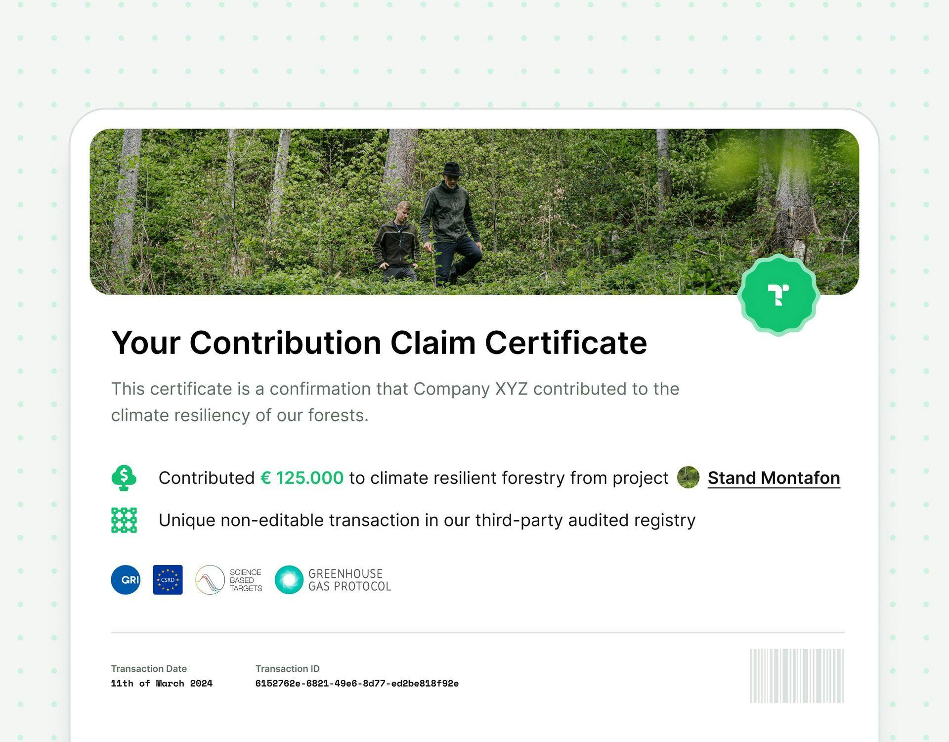 An example contribution claim certificate