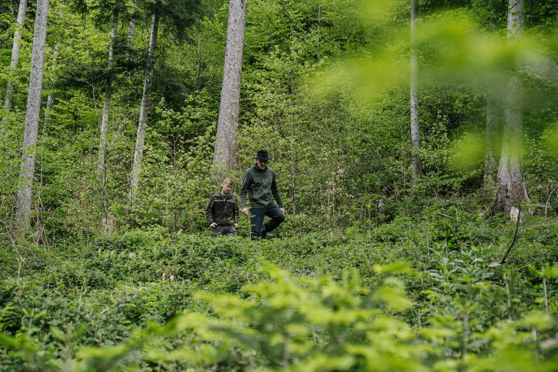 Two persons standing in the forest