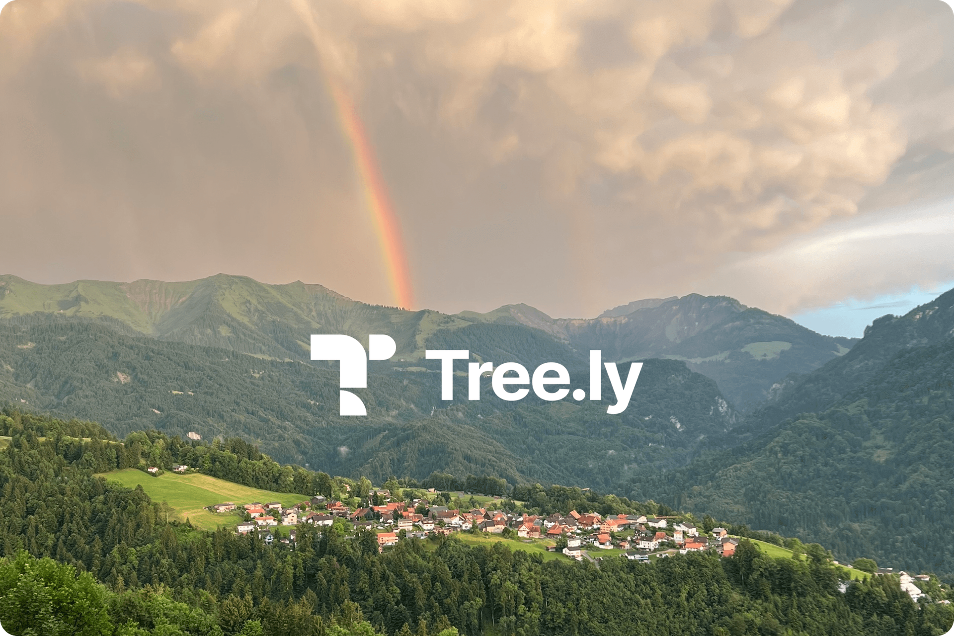 Berge und ein Regenbogen mit dem Schriftzug Tree.ly